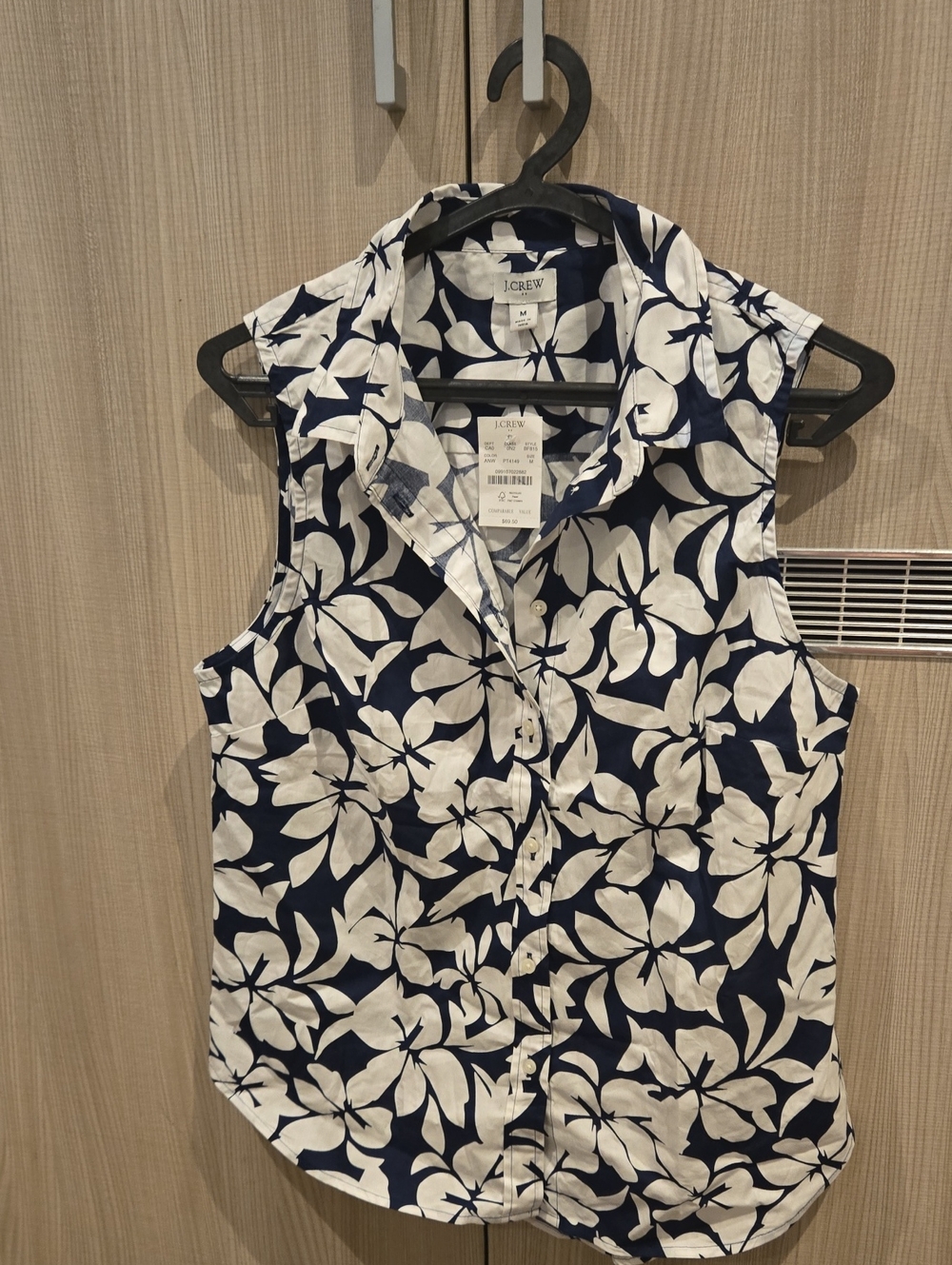 J. Crew Navy and White Floral Sleeveless Button-Down Shirt